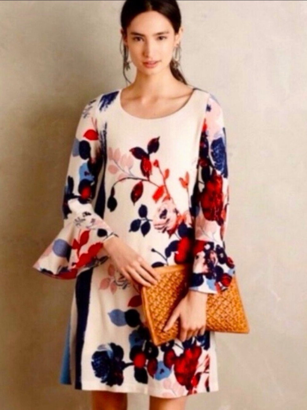 Anthropologie Maeve Anthousai Floral Bell-Sleeve Swing Sweater Dress Size Small